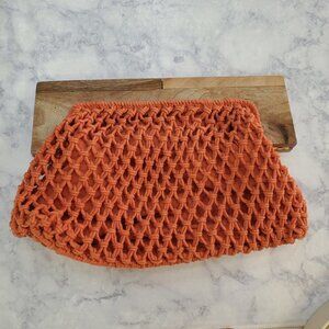 A New Day Clutch Purse Orange Crochet Knit‎ Wooden Handle Magnetic Closure